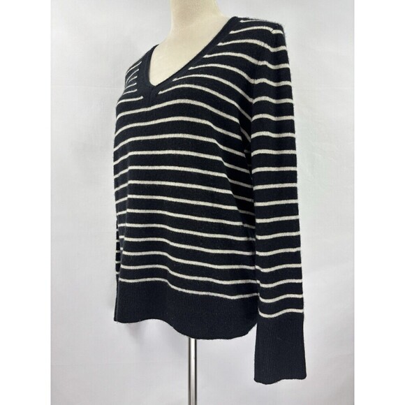 Halogen Cashmere Sweater Black White Stripe Medium V-neck Long Sleeve Pullover - Picture 8 of 8